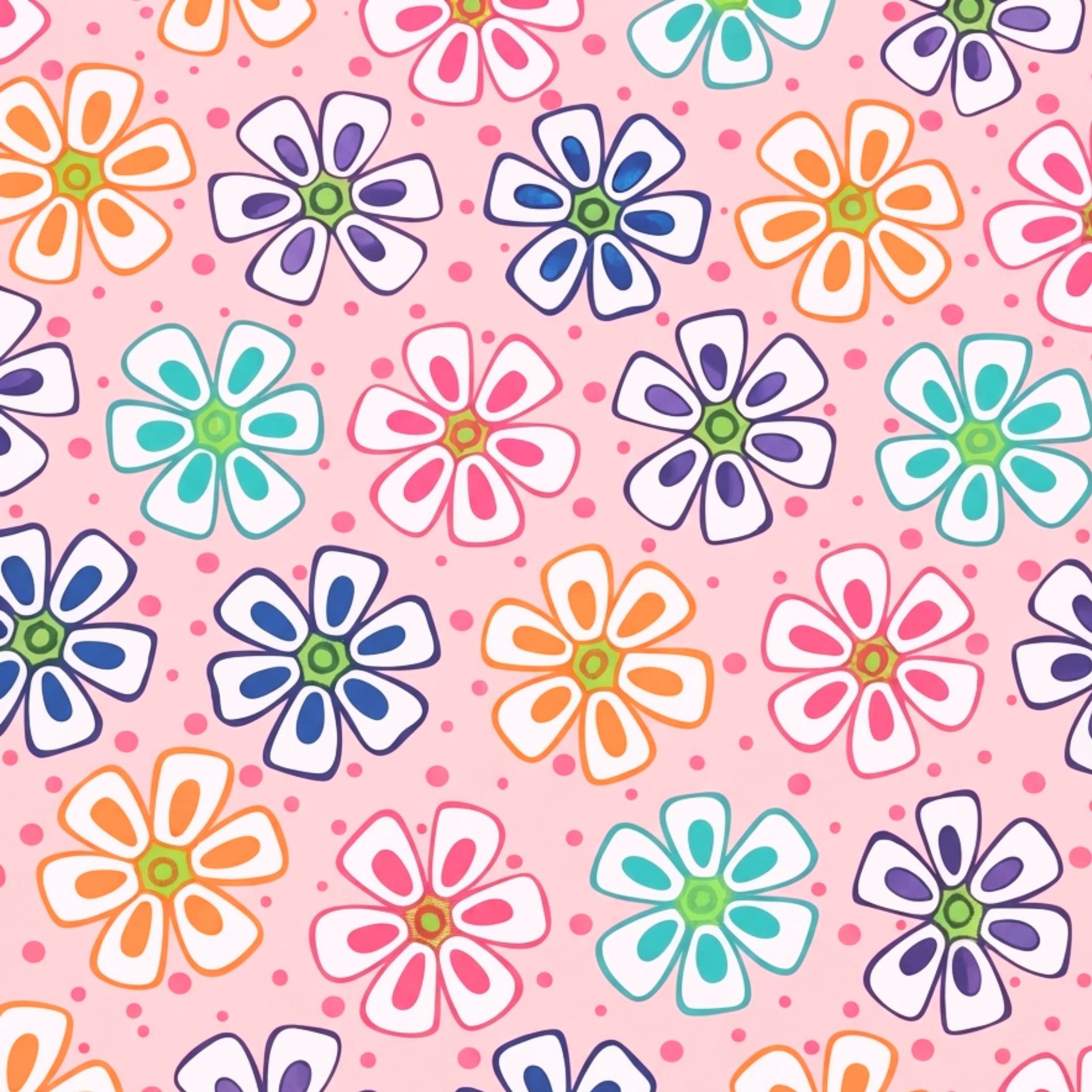 Novelty multicolour retro daisy flower print on pink quilting cotton for children's quilts girls and kids patchwork