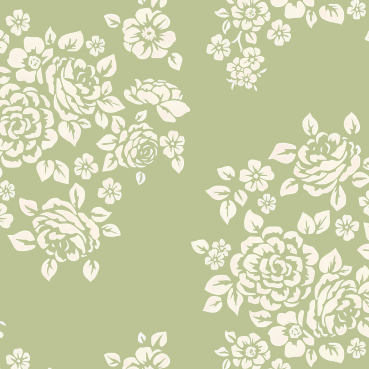 Cream rose bouquets silhouette sage green quilting cotton Anne of Green Gables licensed floral fabric for quilts cushion covers and vintage floral sewing projects