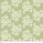 Cream rose bouquets silhouette sage green quilting cotton Anne of Green Gables licensed floral fabric for quilts cushion covers and vintage floral sewing projects