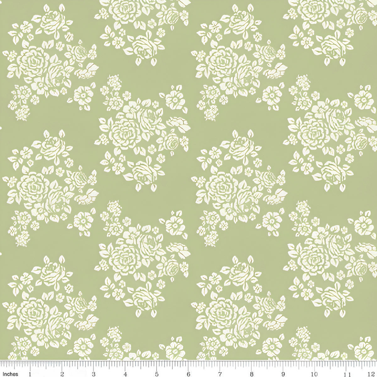 Cream rose bouquets silhouette sage green quilting cotton Anne of Green Gables licensed floral fabric for quilts cushion covers and vintage floral sewing projects