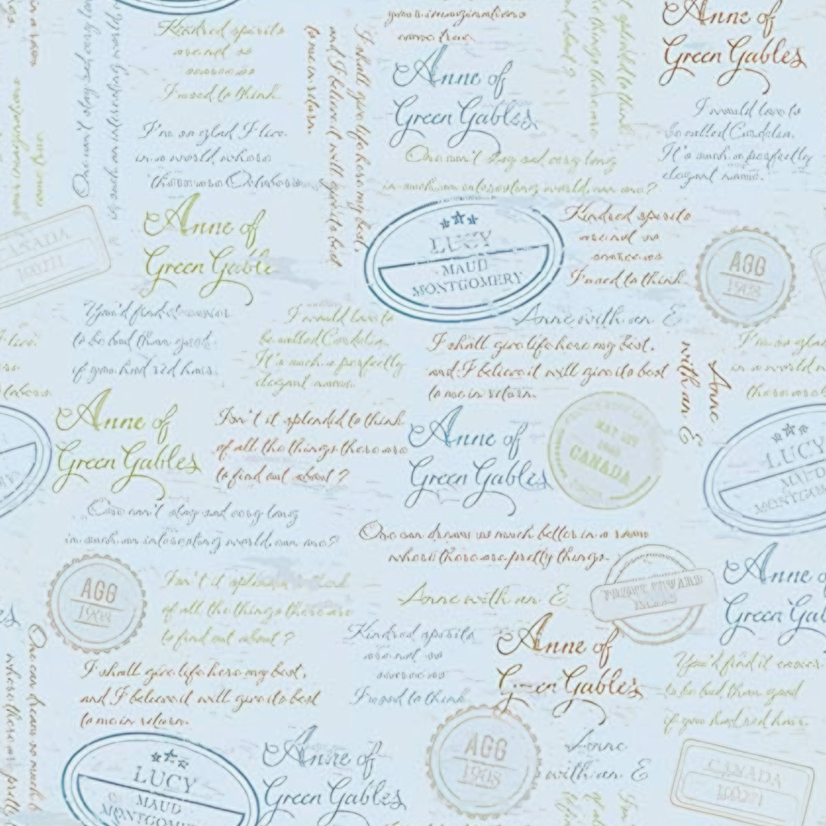 Anne of Green Gables quotes script powder blue quilting cotton with sage taupe text and vintage publisher stamps licensed novelty fabric for quilts tote bags and literary gifts