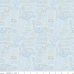Anne of Green Gables quotes script powder blue quilting cotton with sage taupe text and vintage publisher stamps licensed novelty fabric for quilts tote bags and literary gifts