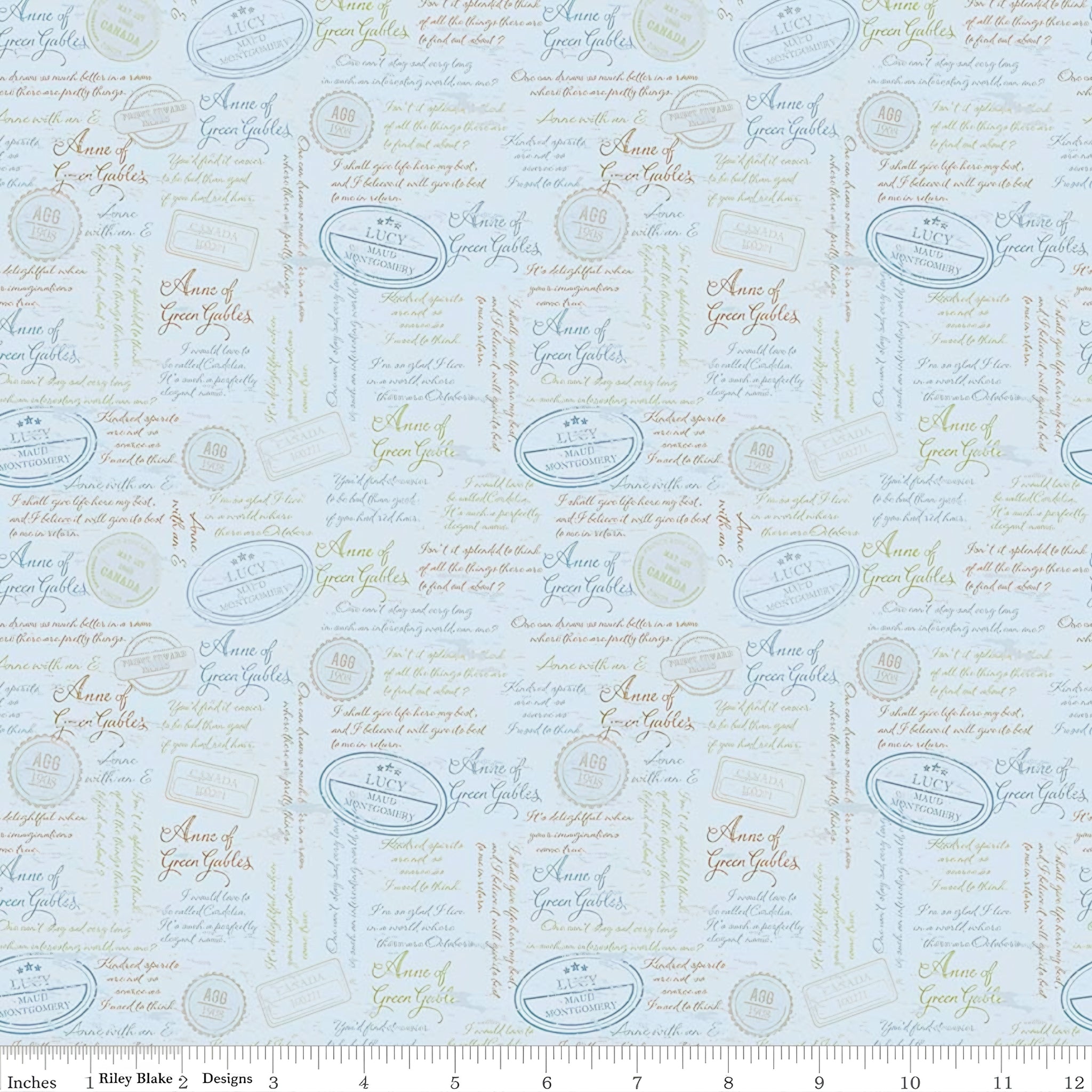 Anne of Green Gables quotes script powder blue quilting cotton with sage taupe text and vintage publisher stamps licensed novelty fabric for quilts tote bags and literary gifts