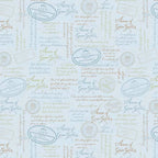 Anne of Green Gables quotes script powder blue quilting cotton with sage taupe text and vintage publisher stamps licensed novelty fabric for quilts tote bags and literary gifts