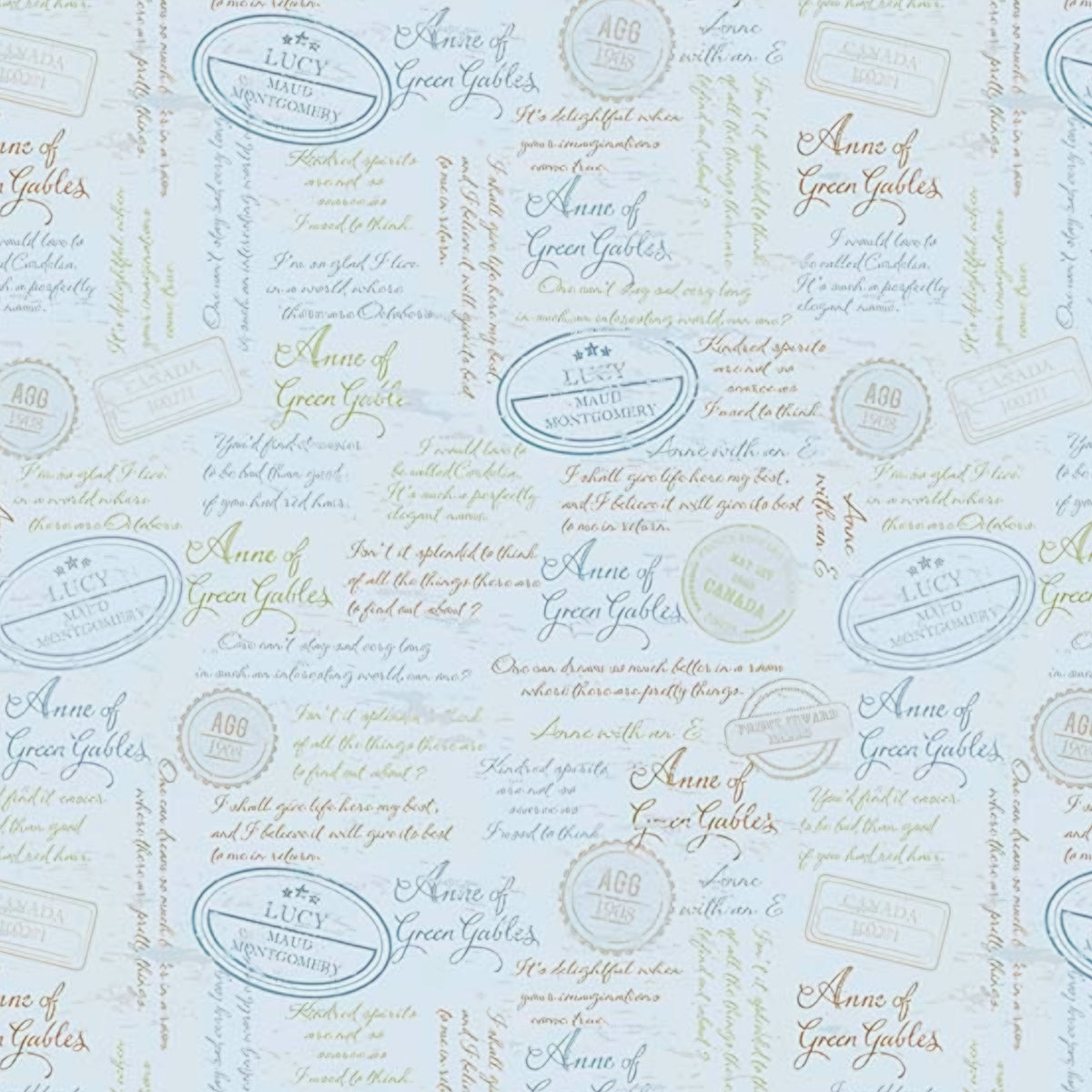 Anne of Green Gables quotes script powder blue quilting cotton with sage taupe text and vintage publisher stamps licensed novelty fabric for quilts tote bags and literary gifts