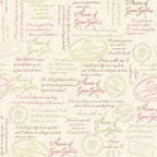 Anne of Green Gables quotes script cream quilting cotton with pink sage brown text and vintage publisher stamps licensed novelty fabric for quilts tote bags and literary gifts