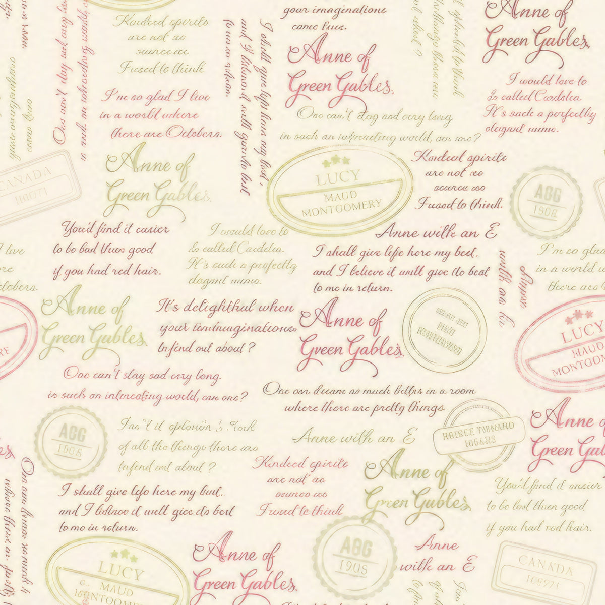 Anne of Green Gables quotes script cream quilting cotton with pink sage brown text and vintage publisher stamps licensed novelty fabric for quilts tote bags and literary gifts