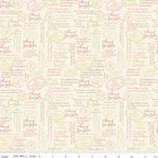 Anne of Green Gables quotes script cream quilting cotton with pink sage brown text and vintage publisher stamps licensed novelty fabric for quilts tote bags and literary gifts