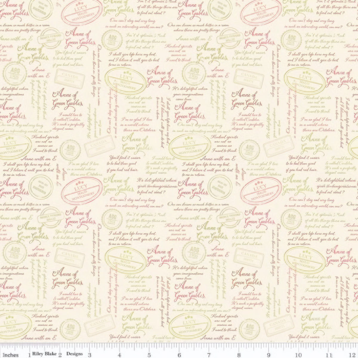 Anne of Green Gables quotes script cream quilting cotton with pink sage brown text and vintage publisher stamps licensed novelty fabric for quilts tote bags and literary gifts