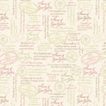 Anne of Green Gables quotes script cream quilting cotton with pink sage brown text and vintage publisher stamps licensed novelty fabric for quilts tote bags and literary gifts