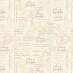 Anne of Green Gables quotes script cream quilting cotton with pink sage brown text and vintage publisher stamps licensed novelty fabric for quilts tote bags and literary gifts