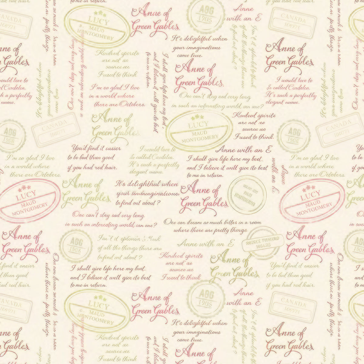 Anne of Green Gables quotes script cream quilting cotton with pink sage brown text and vintage publisher stamps licensed novelty fabric for quilts tote bags and literary gifts