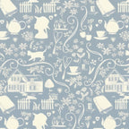 Anne of Green Gables silhouette novelty quilting cotton cream farmhouse teapot books cat florals on dusty blue licensed fabric for quilts cushion covers and literary gifts