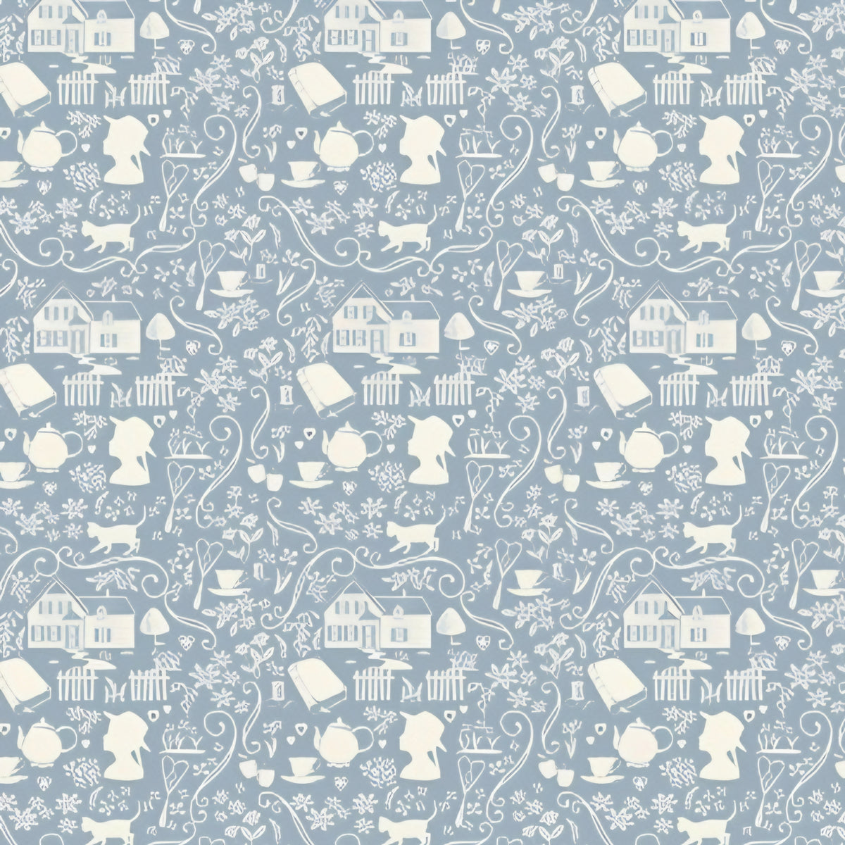 Anne of Green Gables silhouette novelty quilting cotton cream farmhouse teapot books cat florals on dusty blue licensed fabric for quilts cushion covers and literary gifts