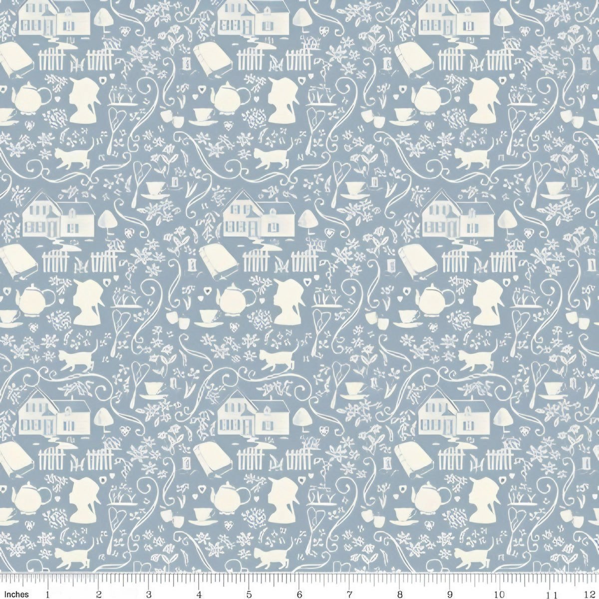 Anne of Green Gables silhouette novelty quilting cotton cream farmhouse teapot books cat florals on dusty blue licensed fabric for quilts cushion covers and literary gifts