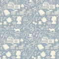 Anne of Green Gables silhouette novelty quilting cotton cream farmhouse teapot books cat florals on dusty blue licensed fabric for quilts cushion covers and literary gifts