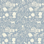 Anne of Green Gables silhouette novelty quilting cotton cream farmhouse teapot books cat florals on dusty blue licensed fabric for quilts cushion covers and literary gifts