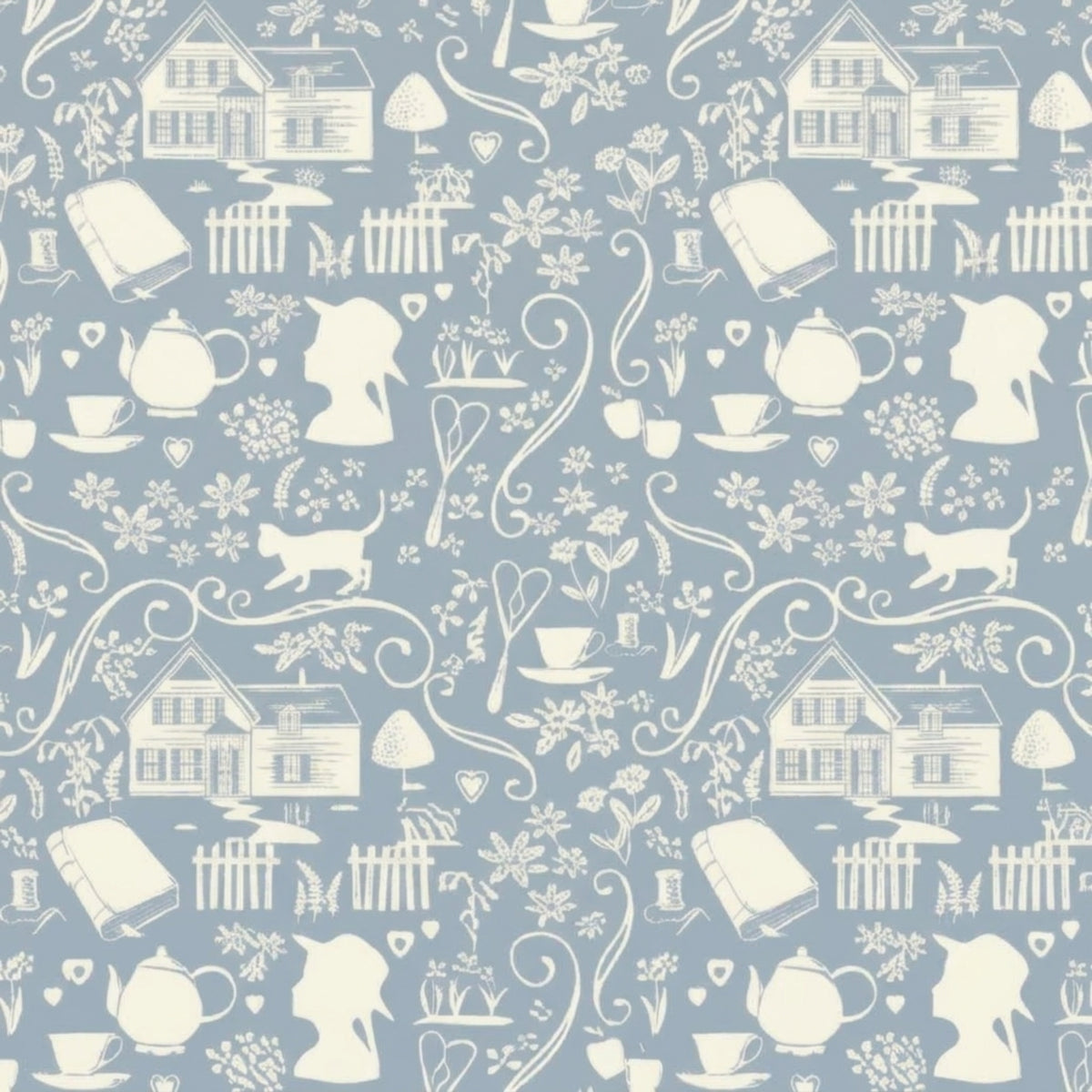 Anne of Green Gables silhouette novelty quilting cotton cream farmhouse teapot books cat florals on dusty blue licensed fabric for quilts cushion covers and literary gifts