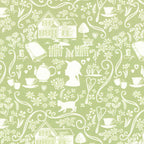 Anne of Green Gables silhouette novelty quilting cotton cream farmhouse teapot books cat florals on sage green licensed fabric for quilts cushion covers and literary gifts