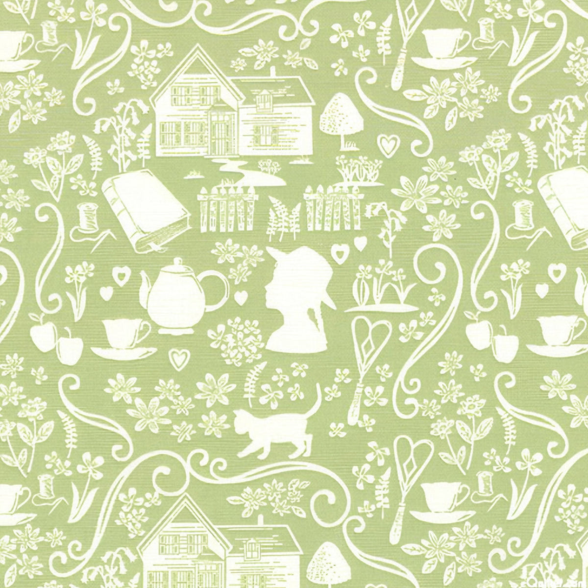 Anne of Green Gables silhouette novelty quilting cotton cream farmhouse teapot books cat florals on sage green licensed fabric for quilts cushion covers and literary gifts