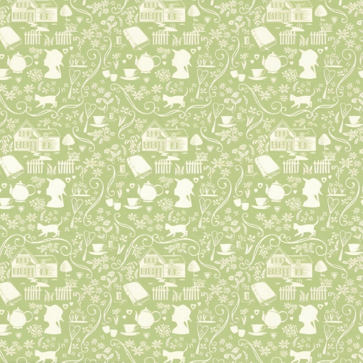 Anne of Green Gables silhouette novelty quilting cotton cream farmhouse teapot books cat florals on sage green licensed fabric for quilts cushion covers and literary gifts