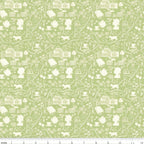 Anne of Green Gables silhouette novelty quilting cotton cream farmhouse teapot books cat florals on sage green licensed fabric for quilts cushion covers and literary gifts
