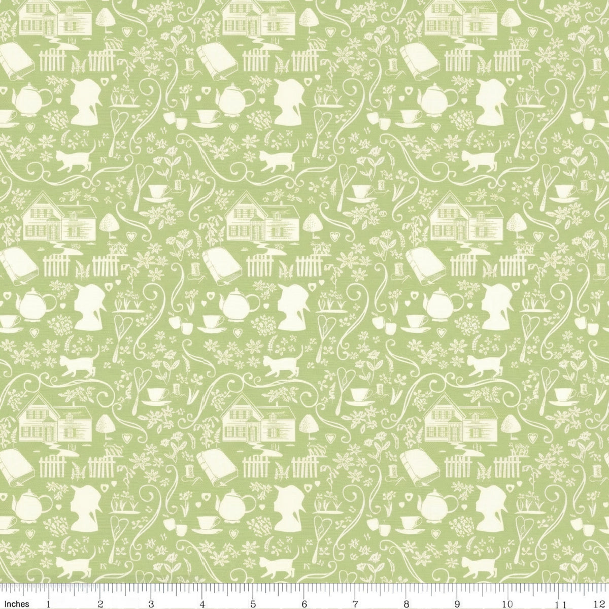 Anne of Green Gables silhouette novelty quilting cotton cream farmhouse teapot books cat florals on sage green licensed fabric for quilts cushion covers and literary gifts