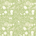 Anne of Green Gables silhouette novelty quilting cotton cream farmhouse teapot books cat florals on sage green licensed fabric for quilts cushion covers and literary gifts