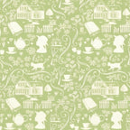 Anne of Green Gables silhouette novelty quilting cotton cream farmhouse teapot books cat florals on sage green licensed fabric for quilts cushion covers and literary gifts