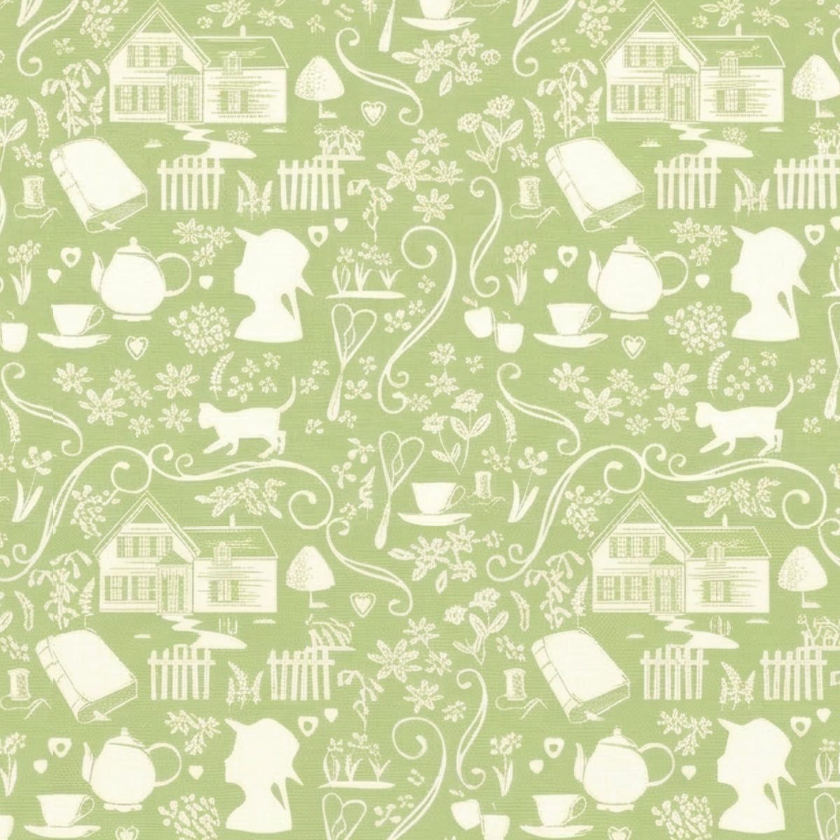 Anne of Green Gables silhouette novelty quilting cotton cream farmhouse teapot books cat florals on sage green licensed fabric for quilts cushion covers and literary gifts