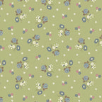 Tiny blue roses white blossoms scattered sage green ditsy quilting cotton Anne of Green Gables licensed fabric for quilts cushion covers and vintage floral sewing projects