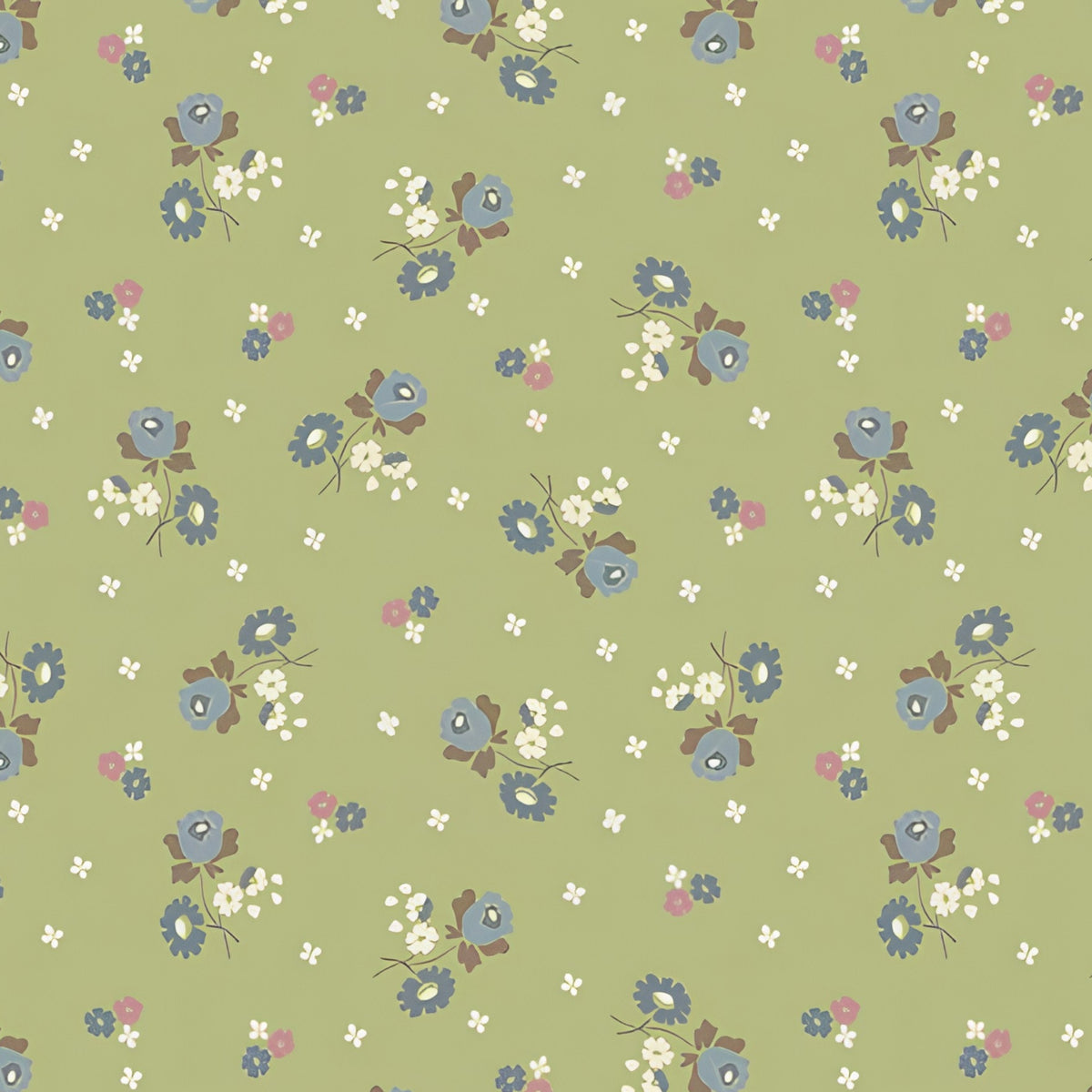 Tiny blue roses white blossoms scattered sage green ditsy quilting cotton Anne of Green Gables licensed fabric for quilts cushion covers and vintage floral sewing projects