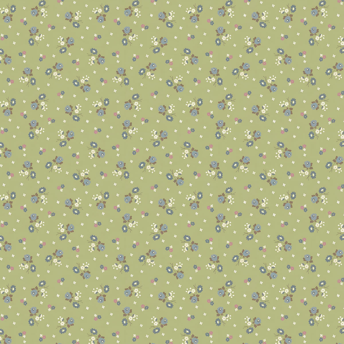 Tiny blue roses white blossoms scattered sage green ditsy quilting cotton Anne of Green Gables licensed fabric for quilts cushion covers and vintage floral sewing projects