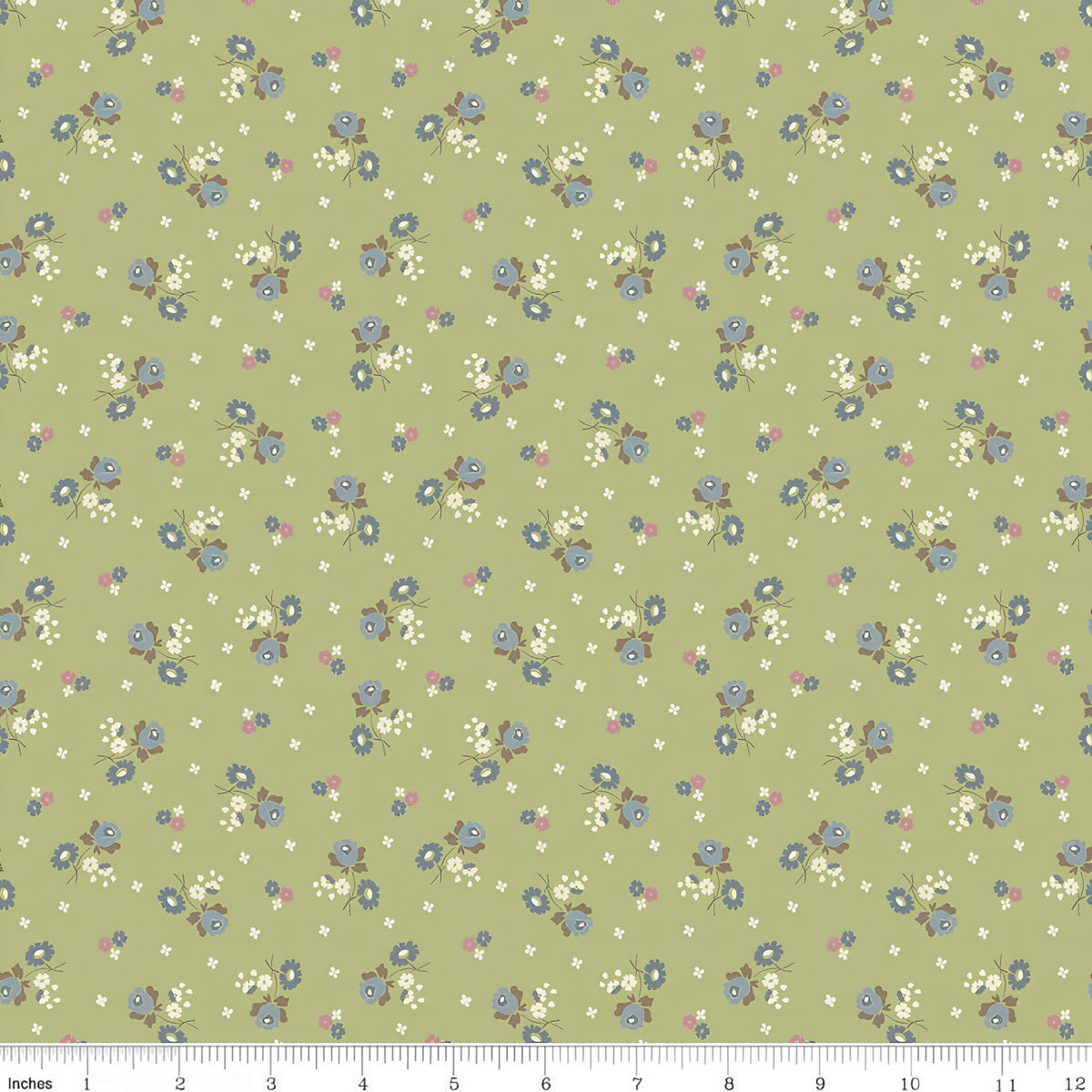 Tiny blue roses white blossoms scattered sage green ditsy quilting cotton Anne of Green Gables licensed fabric for quilts cushion covers and vintage floral sewing projects