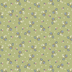 Tiny blue roses white blossoms scattered sage green ditsy quilting cotton Anne of Green Gables licensed fabric for quilts cushion covers and vintage floral sewing projects