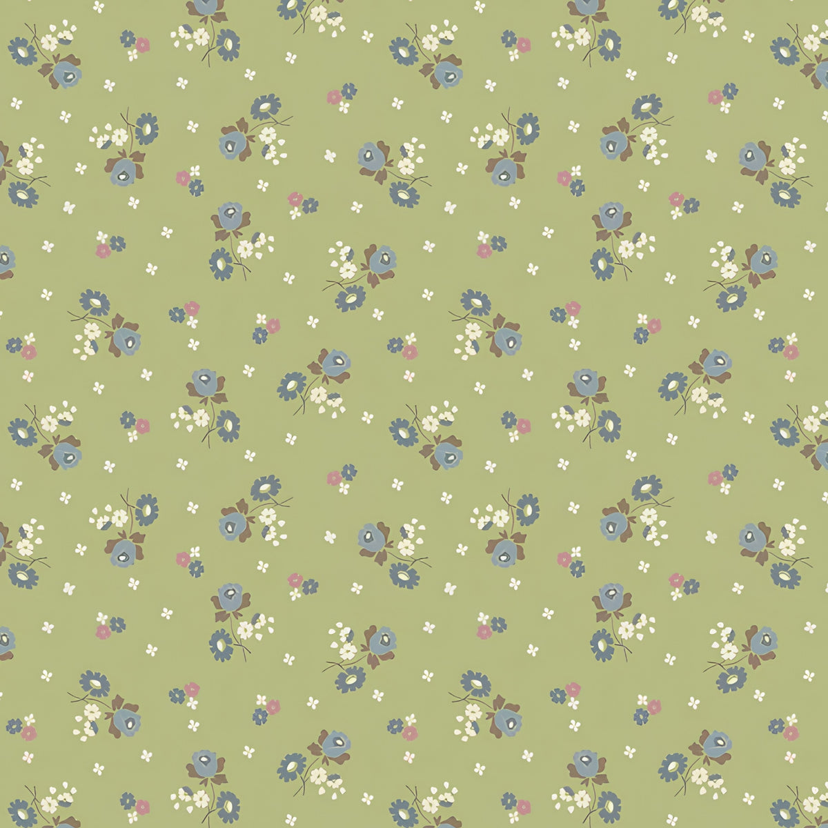 Tiny blue roses white blossoms scattered sage green ditsy quilting cotton Anne of Green Gables licensed fabric for quilts cushion covers and vintage floral sewing projects