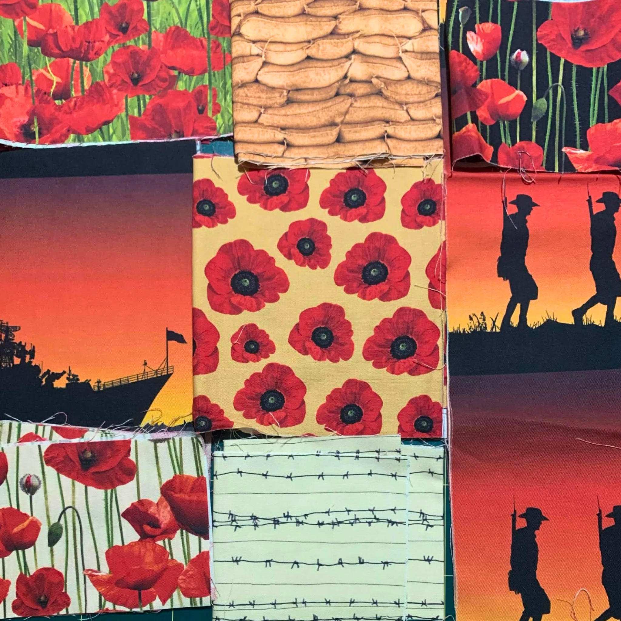 ANZAC remnants pack 8 end of bolt pieces red poppies green black beige sandbags barbed wire soldier silhouettes quilting cotton