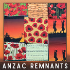 ANZAC remnants pack 8 end of bolt pieces red poppies green black beige sandbags barbed wire soldier silhouettes quilting cotton
