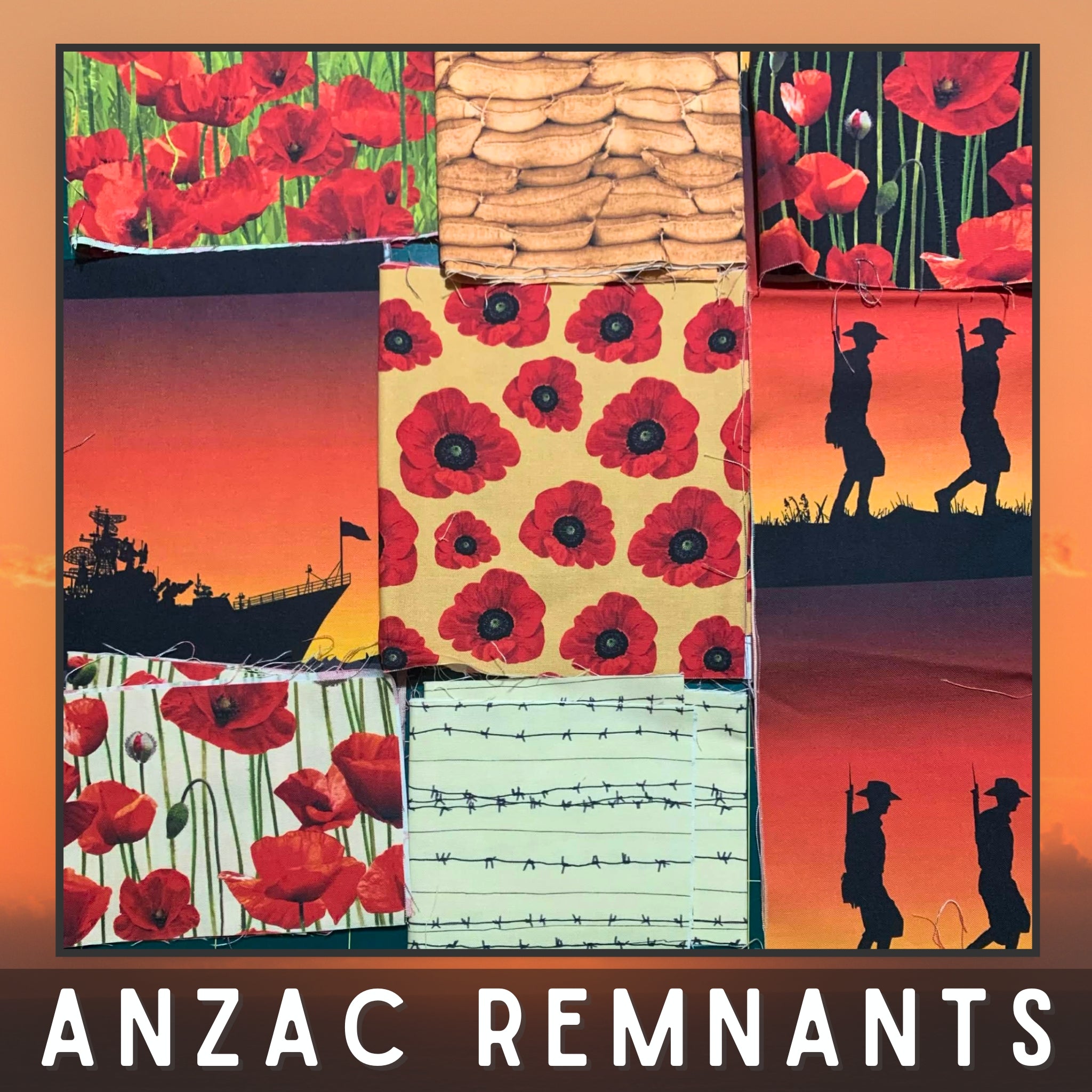 ANZAC remnants pack 8 end of bolt pieces red poppies green black beige sandbags barbed wire soldier silhouettes quilting cotton