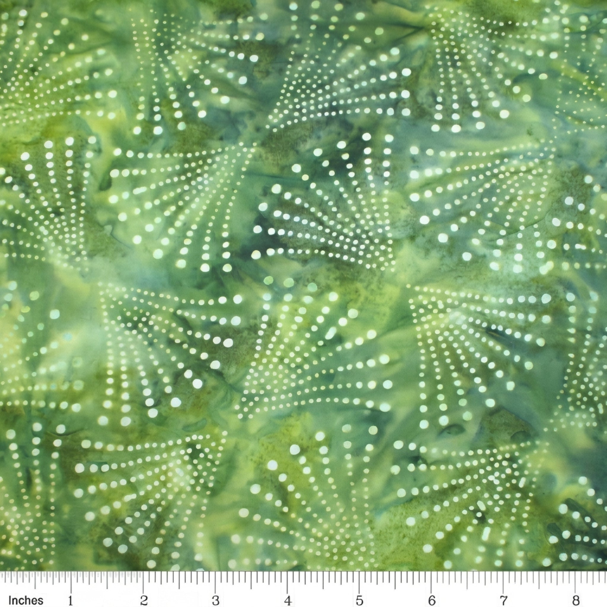 Radiating dots arcs green batik quilting fabric blender for patchwork quilts and sewing projects