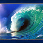 Turquoise ocean wave panel digitally printed blue water dramatic skies fabric for wall art coastal quilts and surfer gifts