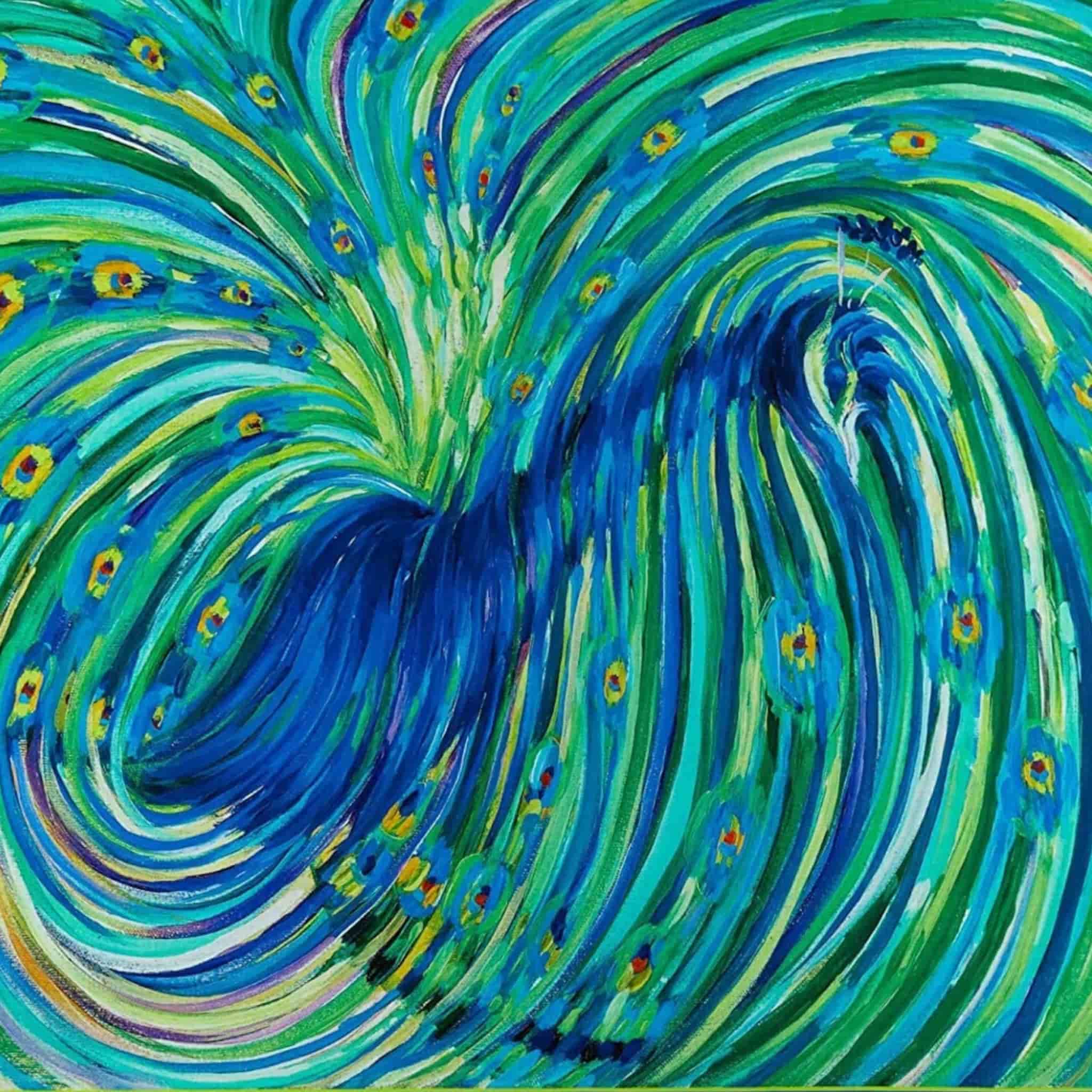 Ornate peacock tail feathers digital print panel in blue and green with decorative border on quilting cotton fabric