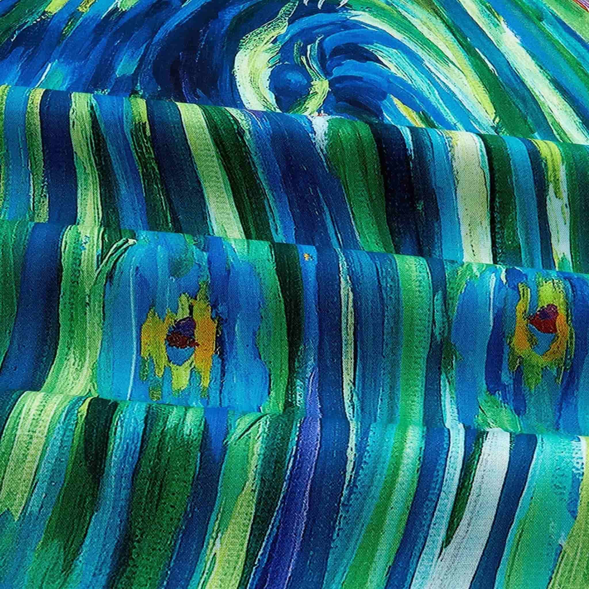 Closeup ornate peacock tail feathers digital print panel in blue and green with decorative border on quilting cotton fabric