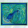 Ornate peacock tail feathers digital print panel in blue and green with decorative border on quilting cotton fabric