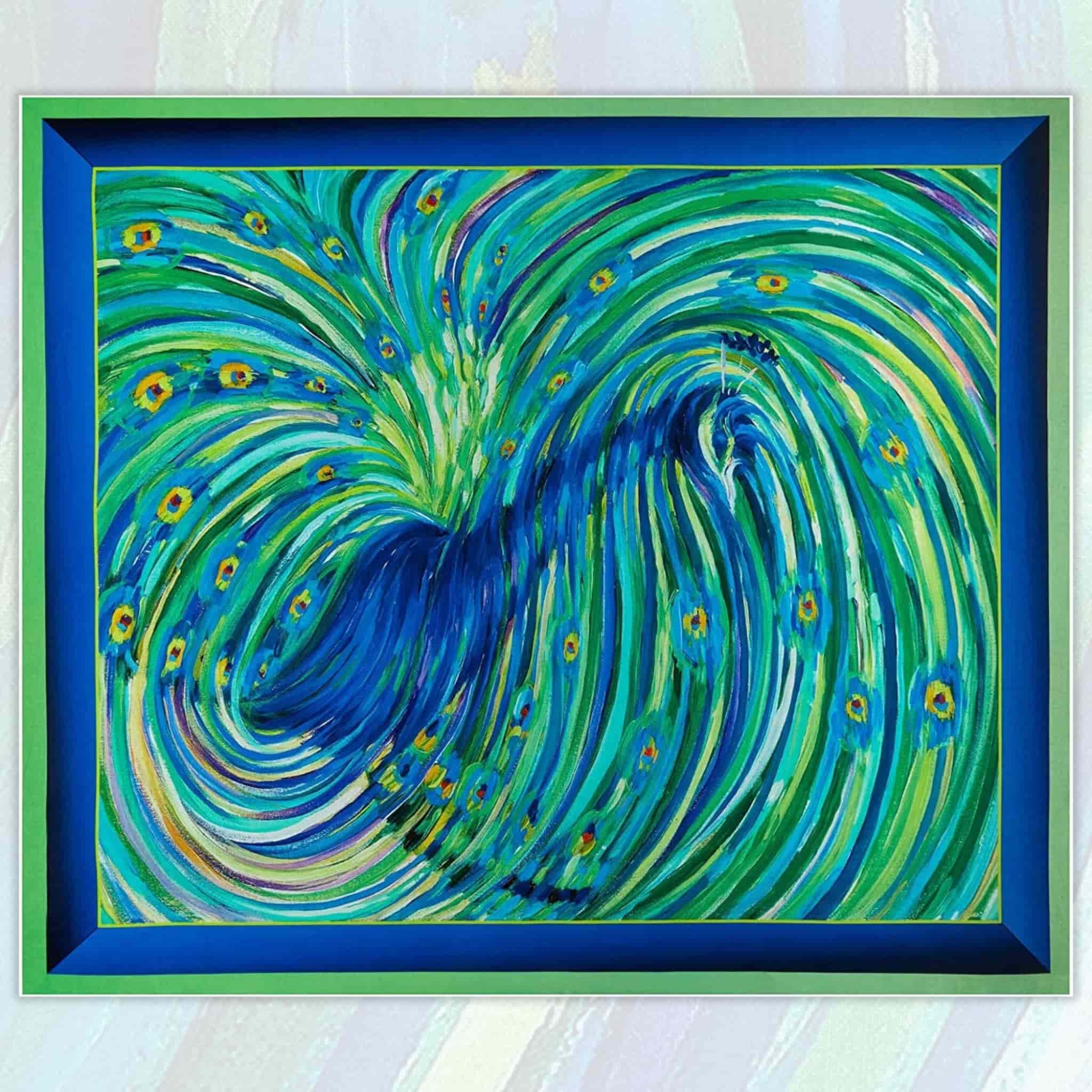 Ornate peacock tail feathers digital print panel in blue and green with decorative border on quilting cotton fabric