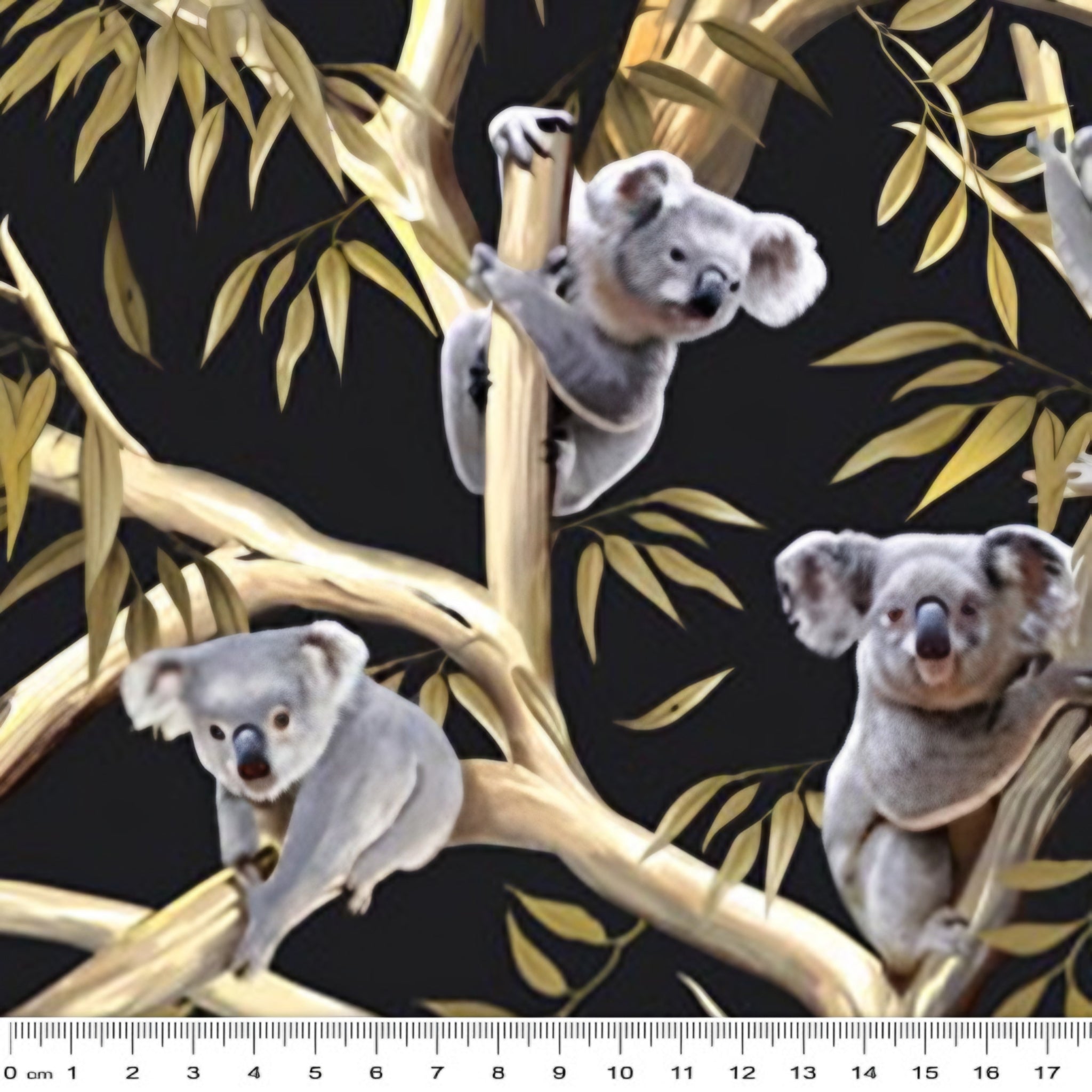 Realistic koalas eucalyptus gum trees golden branches black fabric for Australian themed quilts wildlife gifts and flora fauna patchwork sewing projects