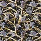 Realistic koalas eucalyptus gum trees golden branches black fabric for Australian themed quilts wildlife gifts and flora fauna patchwork sewing projects