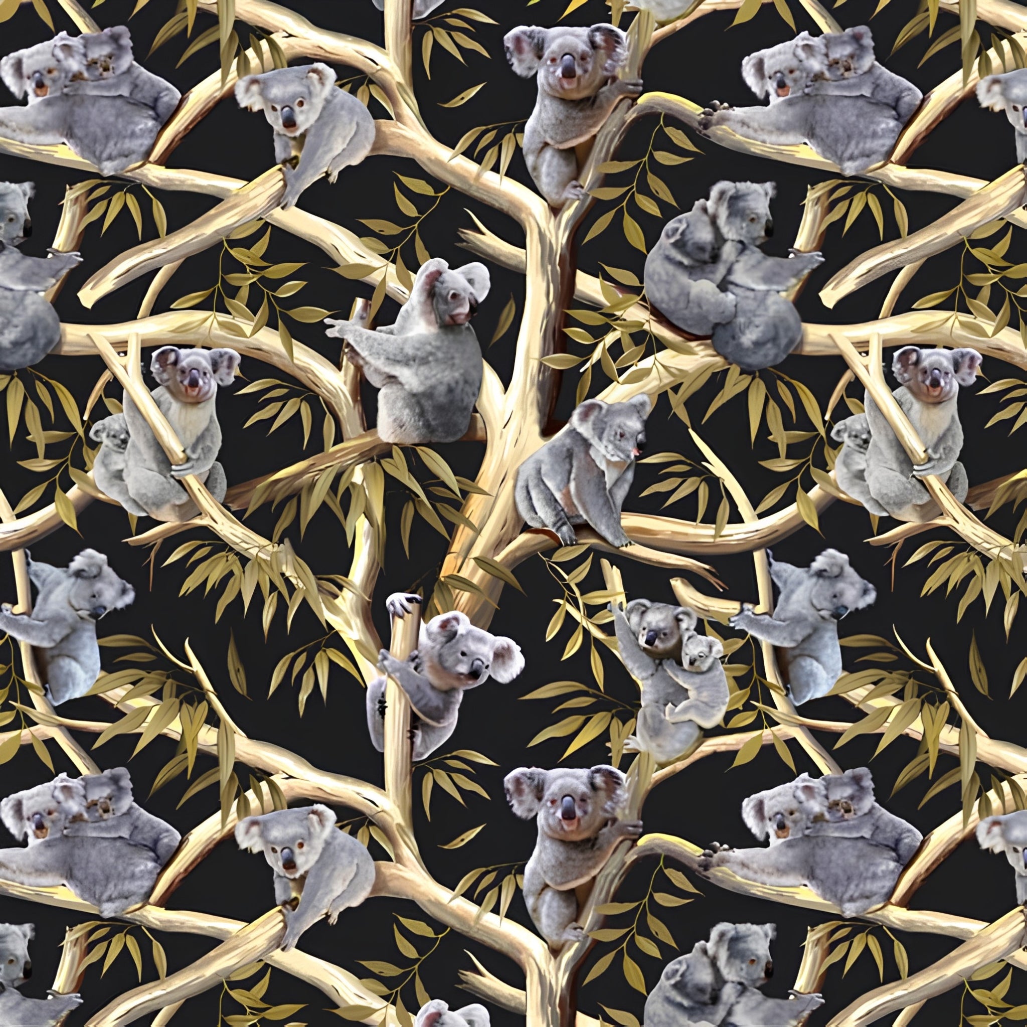 Realistic koalas eucalyptus gum trees golden branches black fabric for Australian themed quilts wildlife gifts and flora fauna patchwork sewing projects