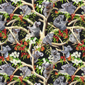Realistic koalas eucalyptus trees red white gumnut blossoms green leaves black fabric for Australian themed quilts wildlife gifts and flora fauna patchwork sewing projects