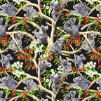 Realistic koalas eucalyptus trees red white gumnut blossoms green leaves black fabric for Australian themed quilts wildlife gifts and flora fauna patchwork sewing projects